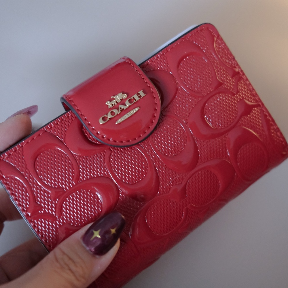 Coach patent signature zip wallet red